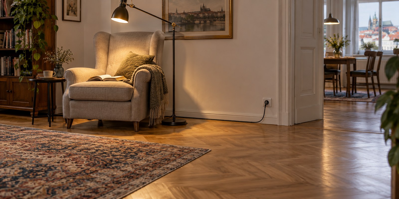Přívod lampy vede podél stěny k zásuvce a nekříží průchod.