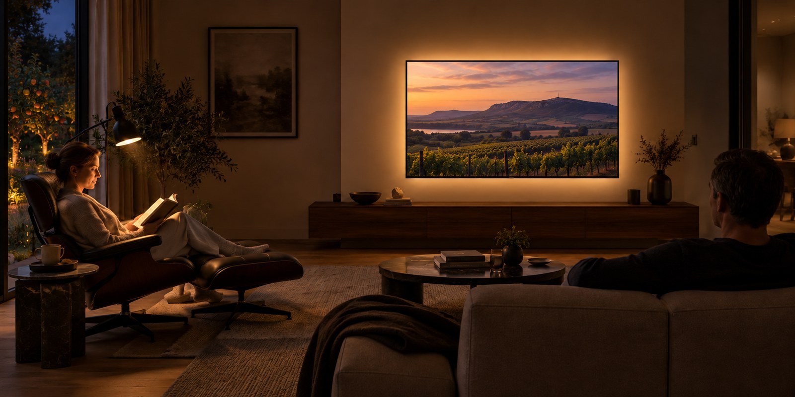 Scéna pro televizi s jemným pozadím; čtenář si přidává pouze místní lampu.