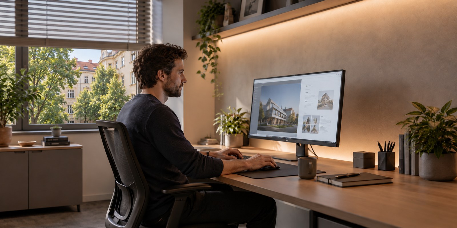 Světlo na matné stěně za monitorem vytváří světelné pozadí bez zdroje namířeného do očí.