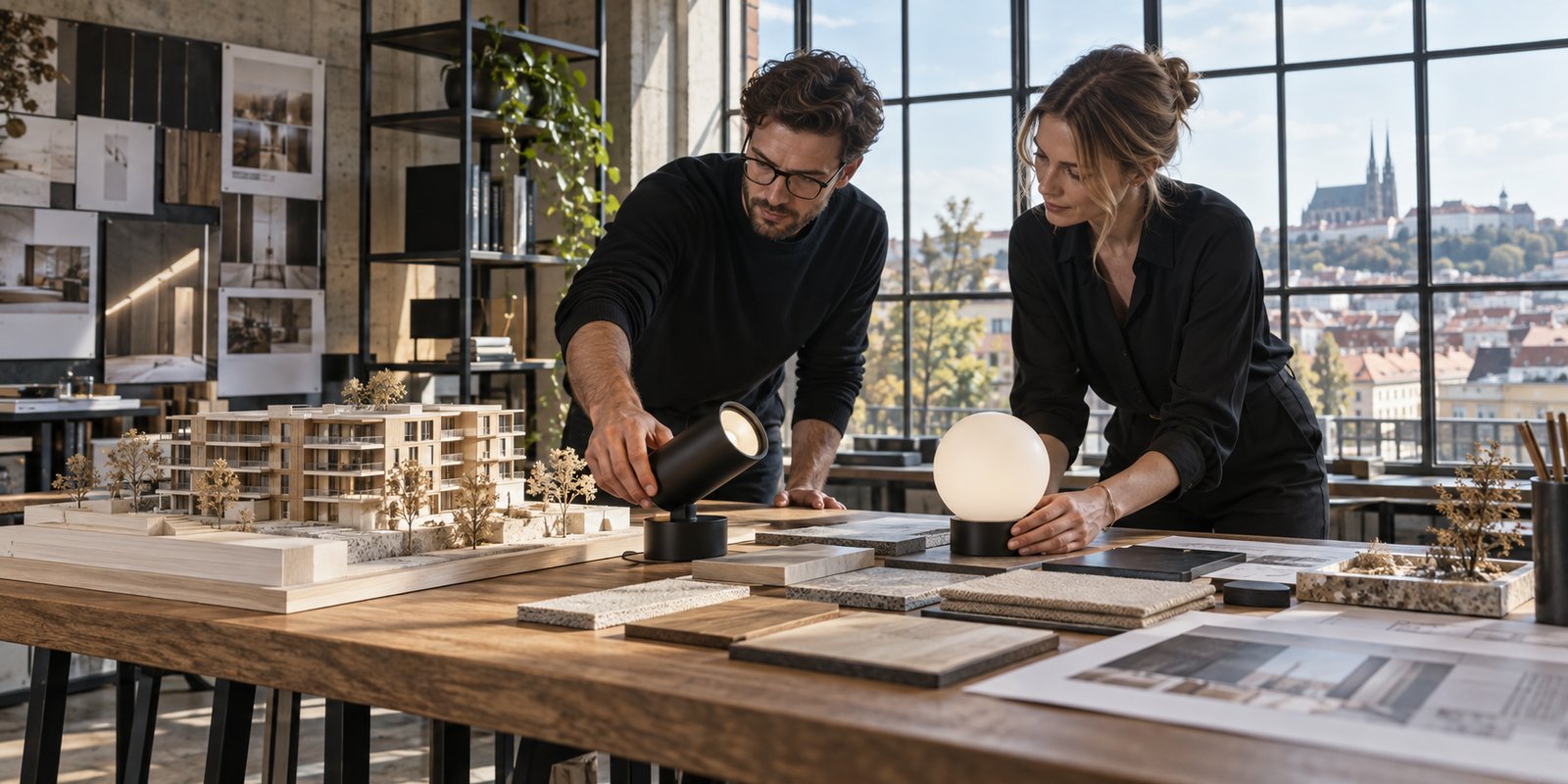 Návrháři porovnávají svítidla a materiály u architektonického modelu