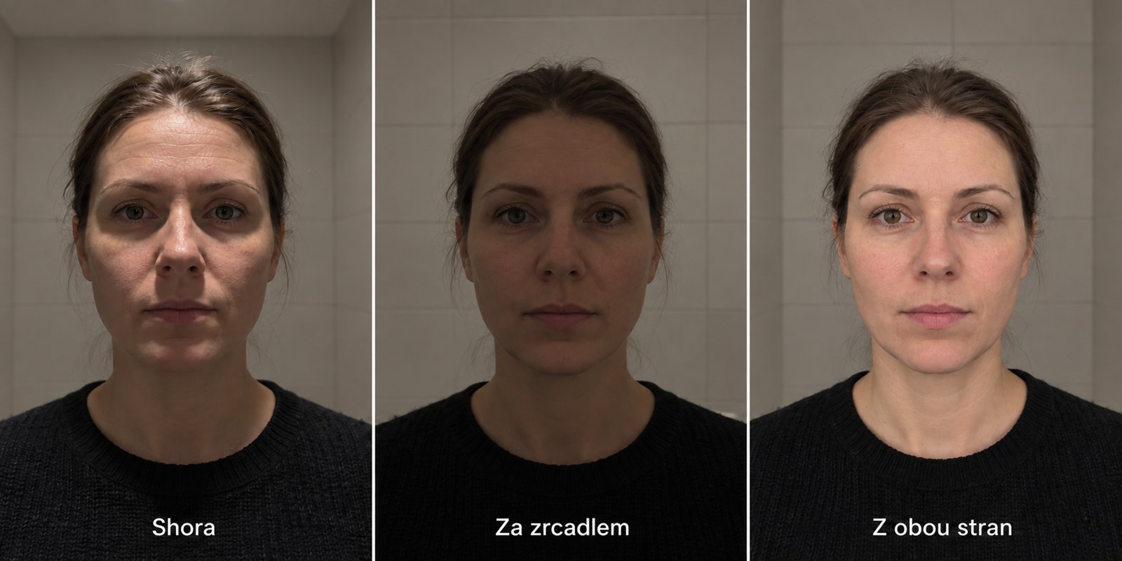 Modelové porovnání dopadu světla na tvář: shora vznikají výraznější stíny, samotné zadní podsvícení poskytuje obličeji méně světla a čelní boční světlo stíny vyplňuje. Nejde o měření konkrétních svítidel.