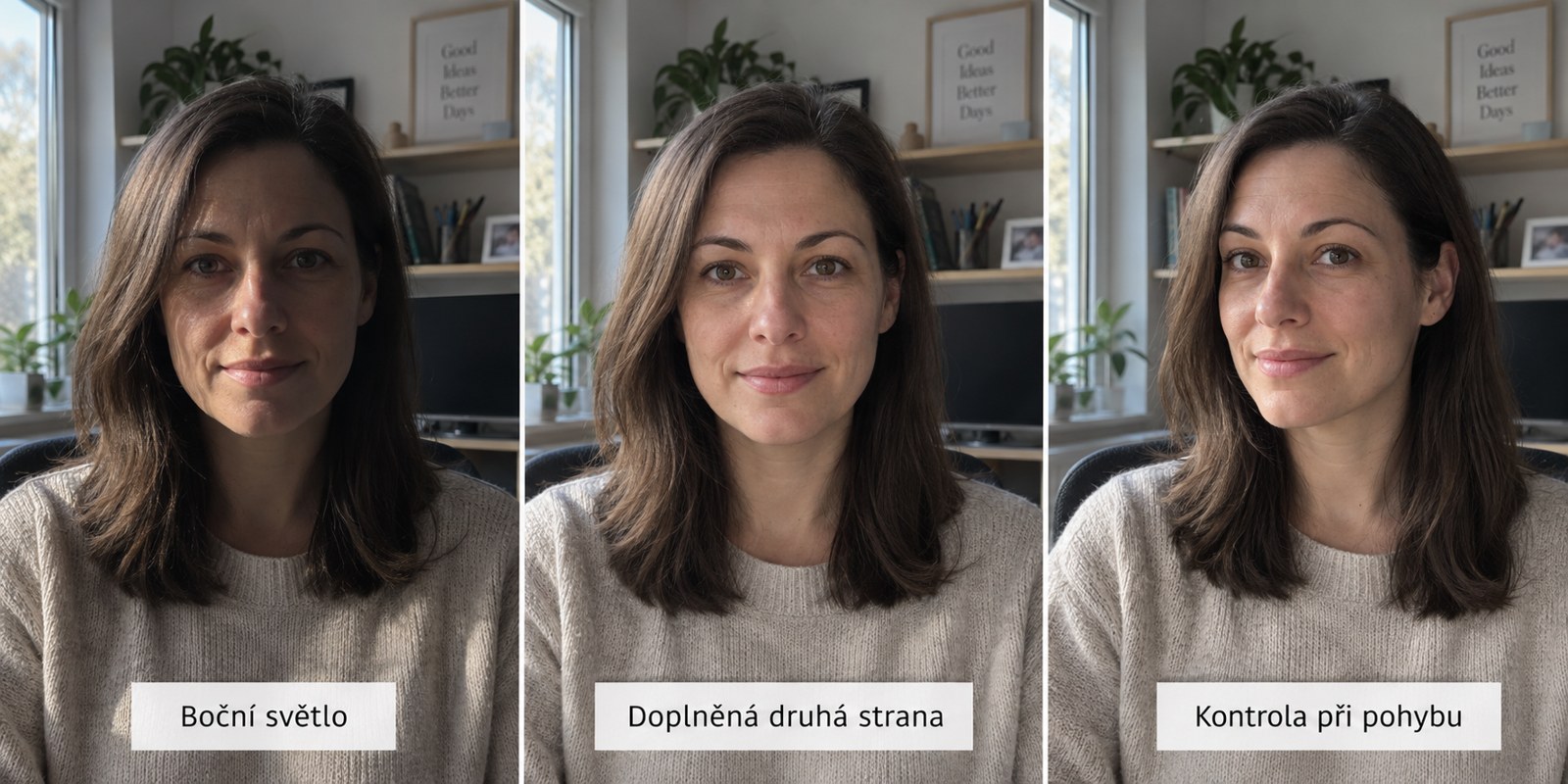 Doplnění měkkého světla z protilehlé strany zmírňuje jednostranný stín. Potom výsledek zkontrolujte i při přirozeném otočení hlavy. Jde o modelové srovnání, nikoli o záznam měření kamery.