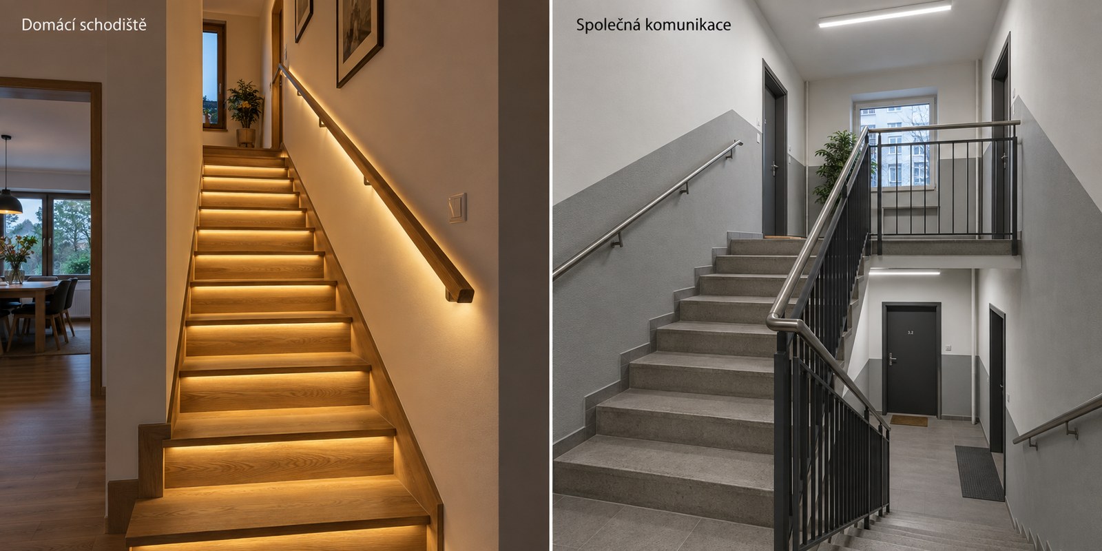 Domácí schodiště a společná komunikace představují odlišná zadání. Ukázka rozlišuje prostředí; nedokládá splnění požadavků na konkrétní veřejnou nebo únikovou komunikaci.