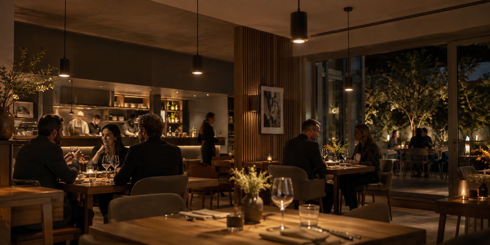 Jemně ztlumená světelná scéna v restauraci s několika stejnými svítidly.