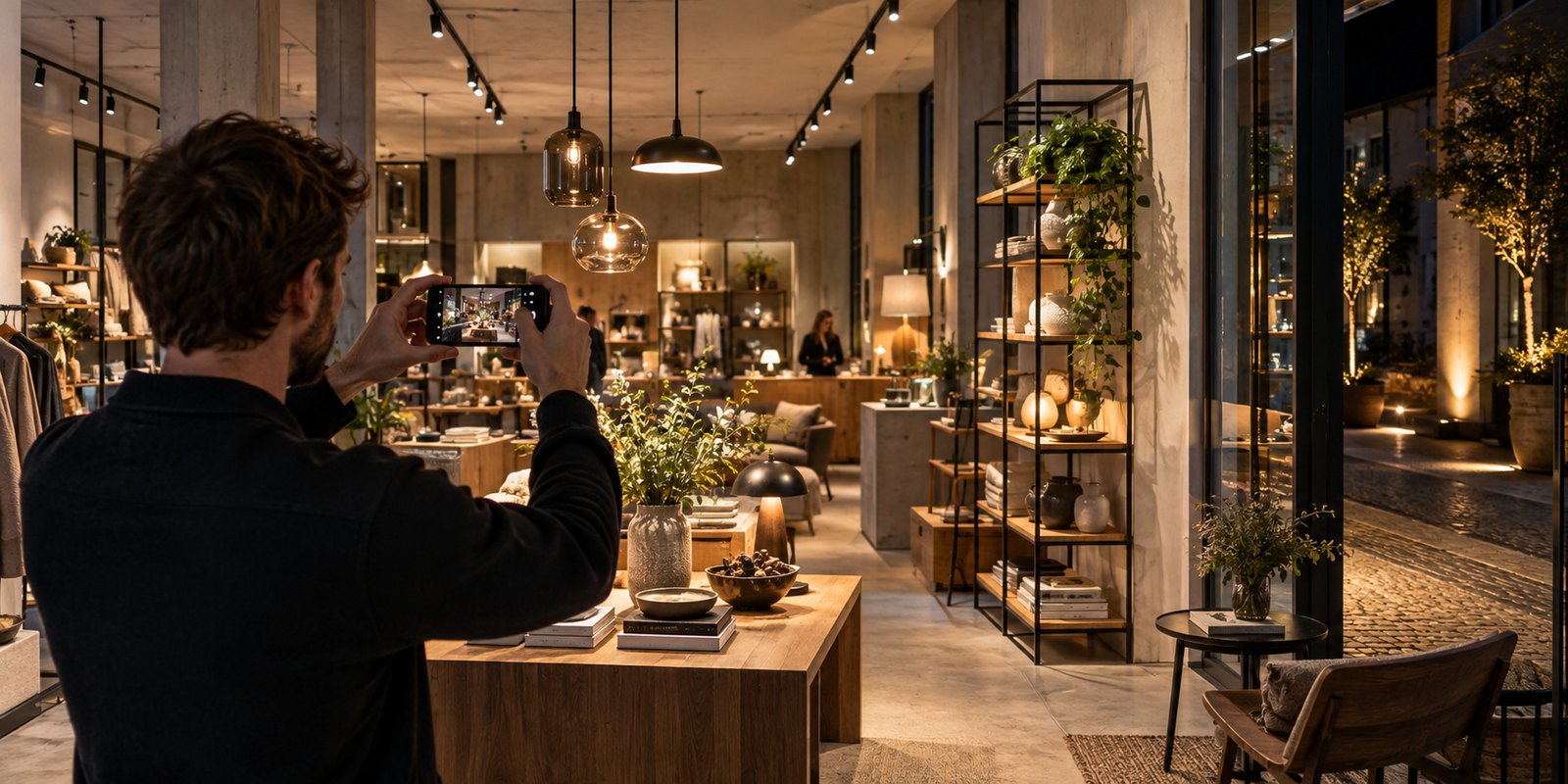 Fotograf natáčí interiér designového obchodu mobilním telefonem.