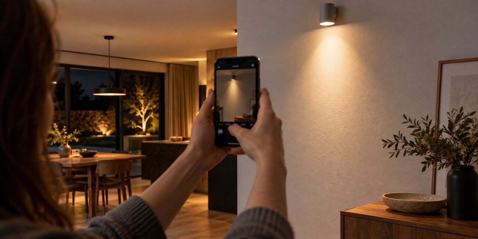 Detail telefonu mířícího na osvětlenou stěnu bez falešných měřicích hodnot.