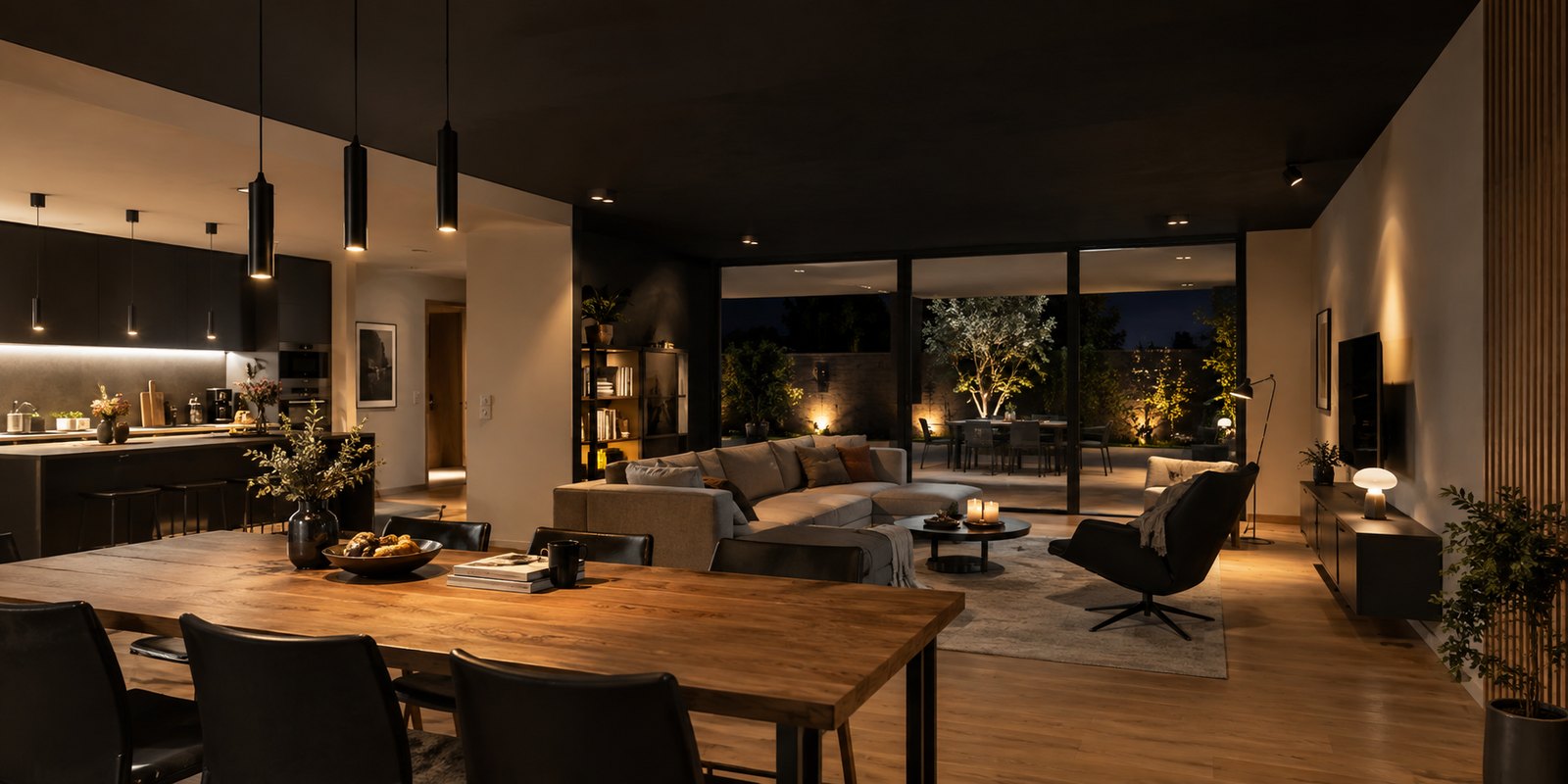 Architektonický interiér s tmavým stropem a dobře cloněným přímým světlem.