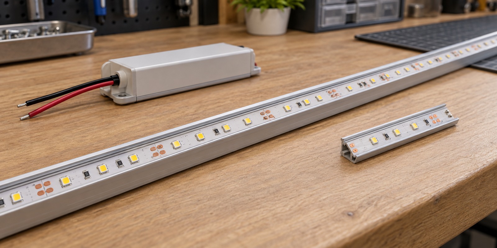 LED pásek s viditelnými skupinami diod a kontaktními ploškami v hliníkovém profilu