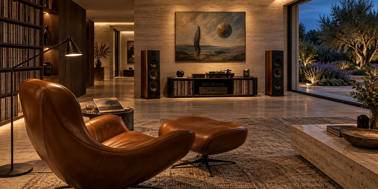 Designové kožené křeslo s lampou a audiosoustavou v prostorné poslechové místnosti