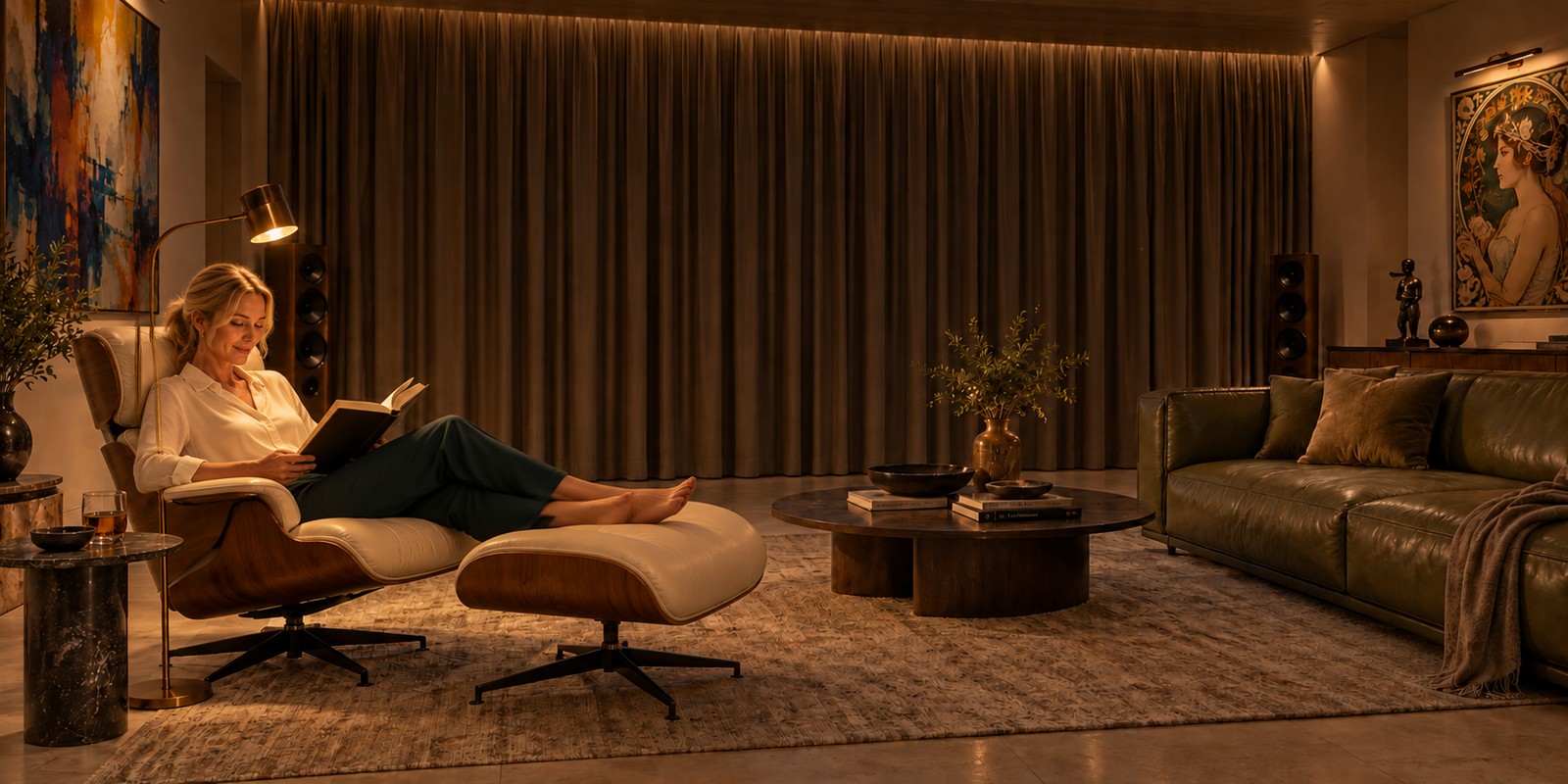 Žena čte v koženém designovém křesle při ztlumeném osvětlení závěsů