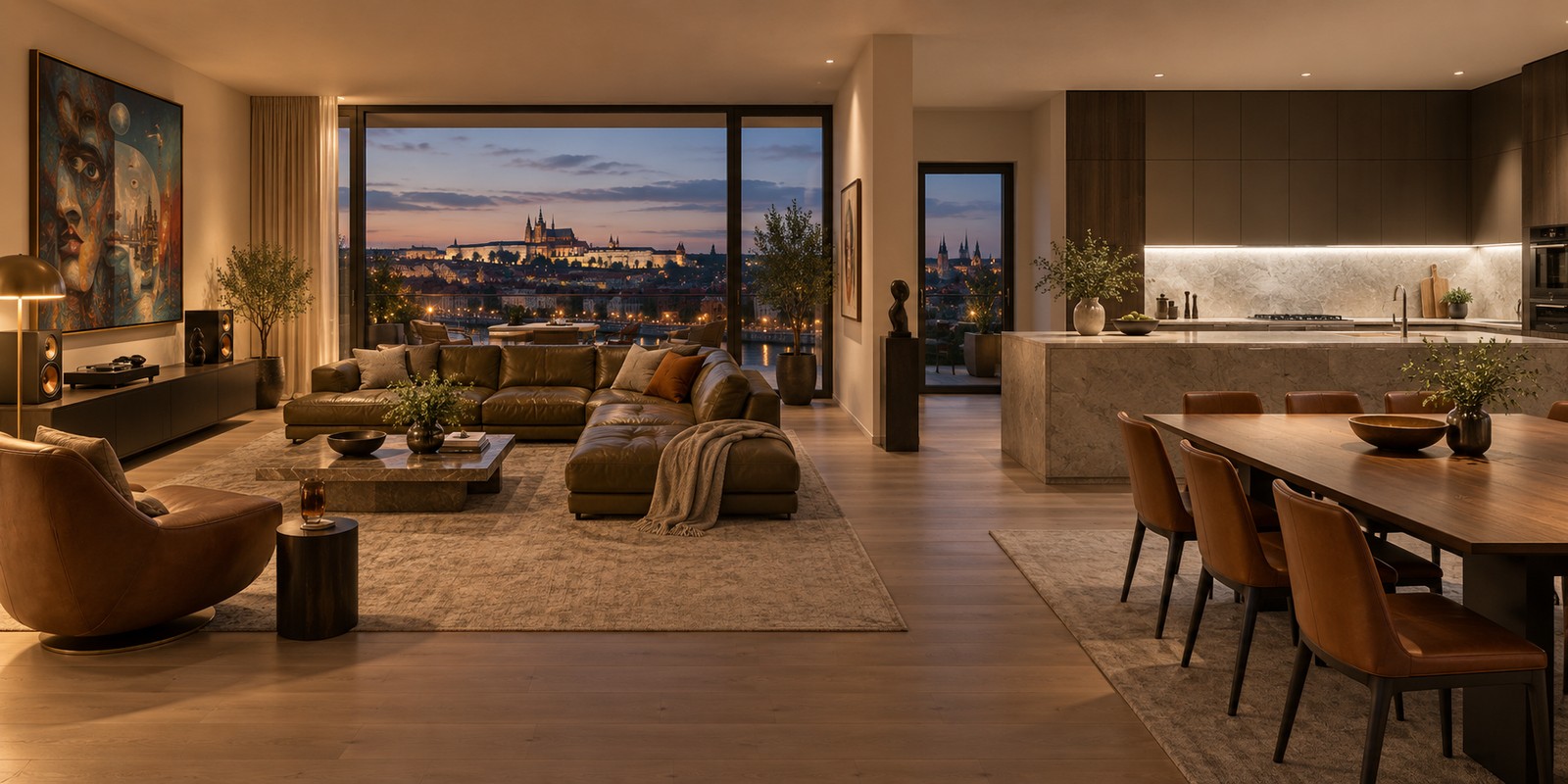 Otevřený luxusní interiér s teplejším obytným světlem a neutrálnějším kuchyňským světlem