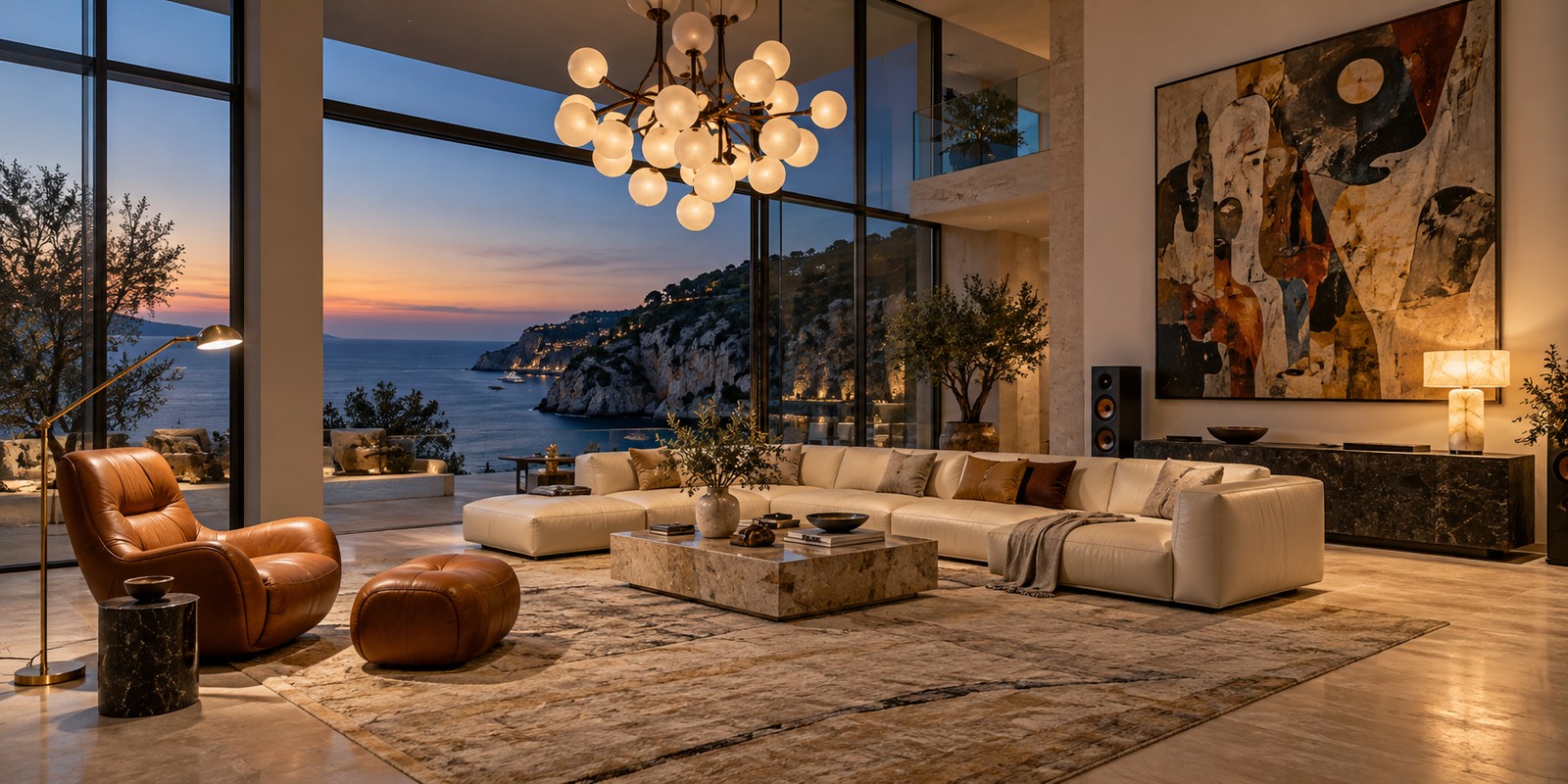 Lustr, čtecí lampa a stolní lampa v luxusním pobřežním salonu