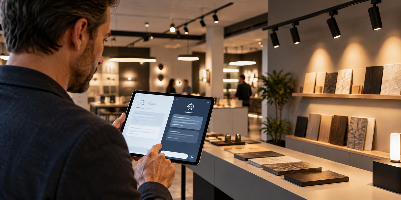 Zákazník v showroomu osvětlení používá na tabletu oddělené informační a obchodní rozhraní